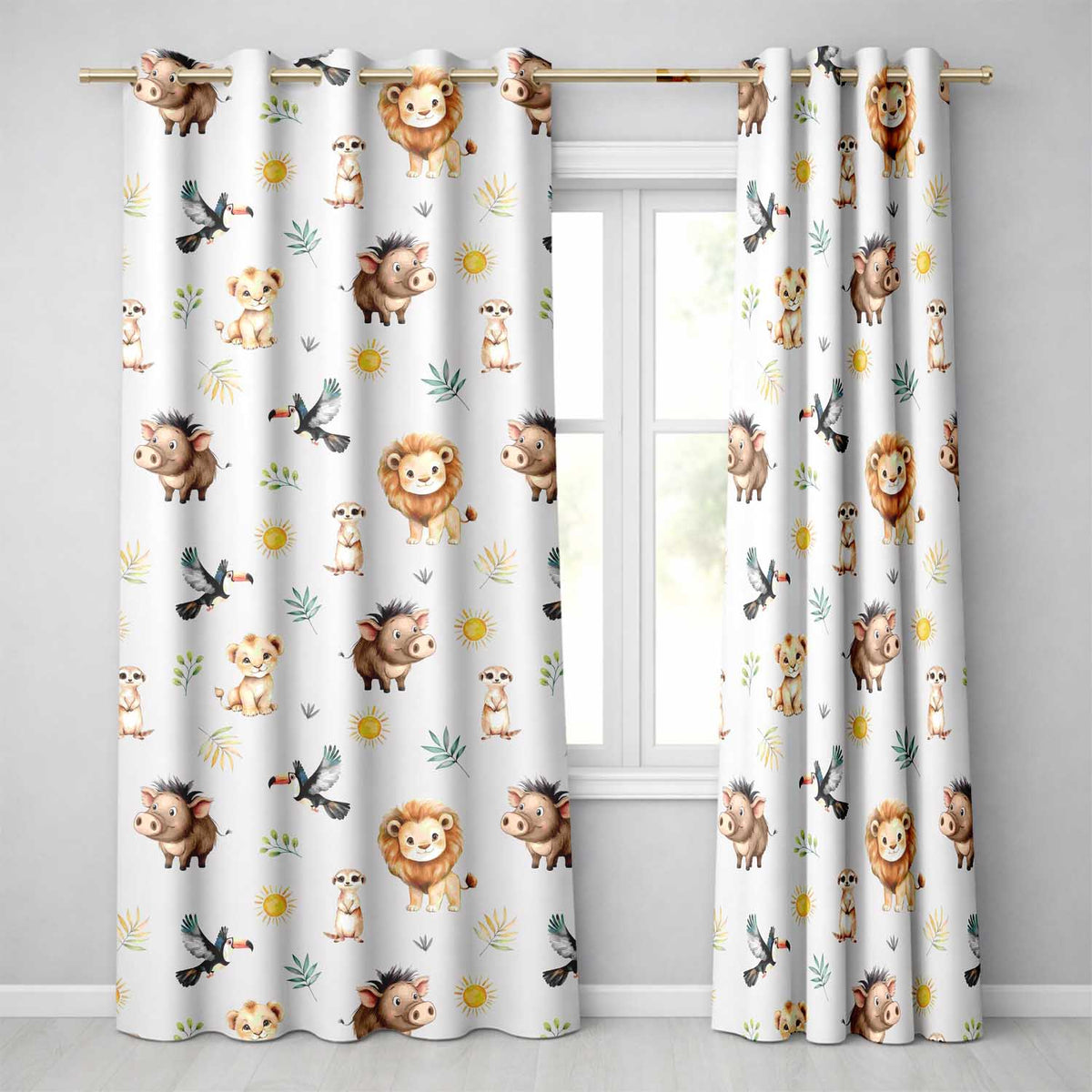 Jungle Animals Lion Meerkat Toucan on Grey Seamless Pattern  Readymade Eyelet Ring Top Thermal 100% Blackout Curtains