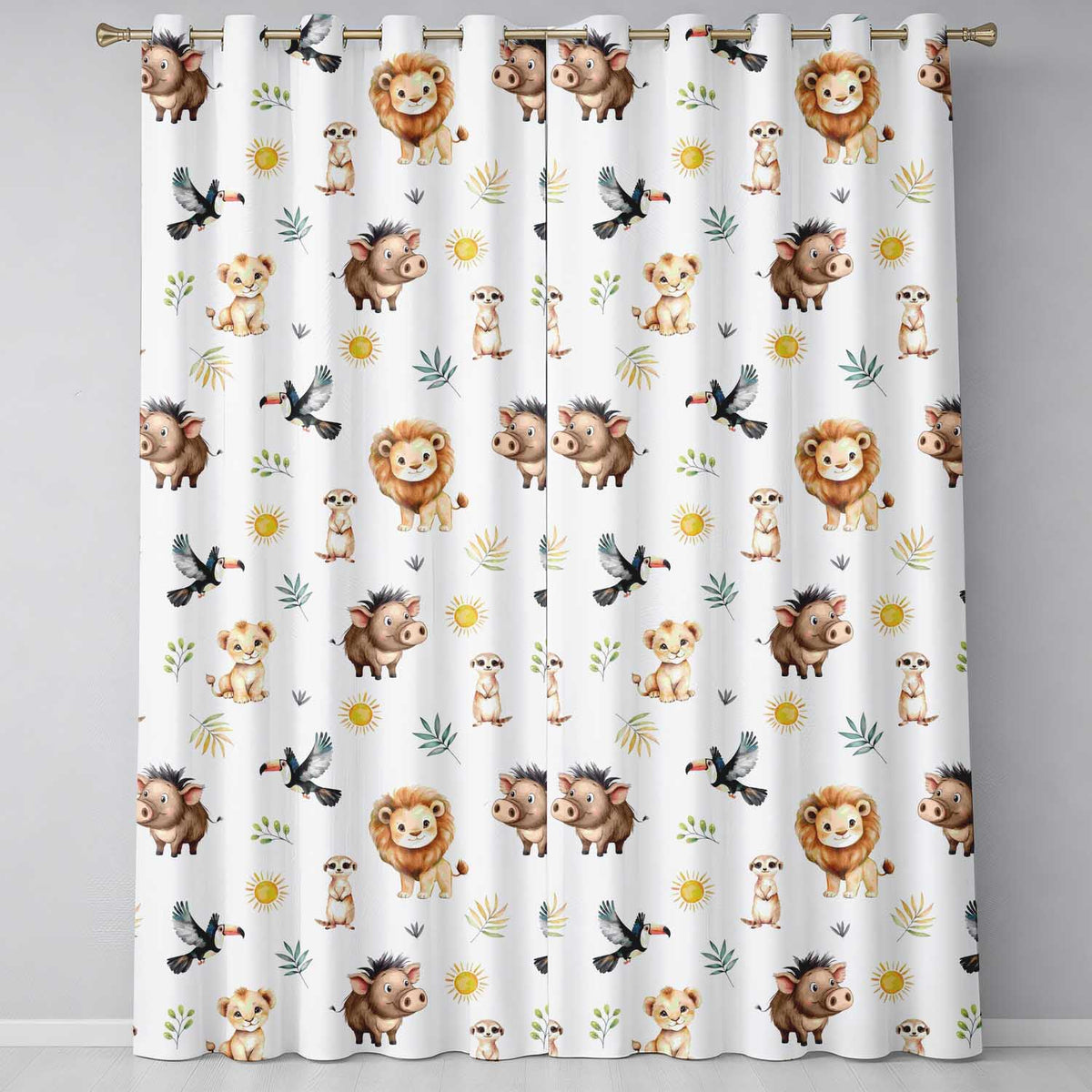Jungle Animals Lion Meerkat Toucan Boar on Light Grey  Seamless Pattern  Readymade Eyelet Ring Top Thermal 100% Blackout Curtains