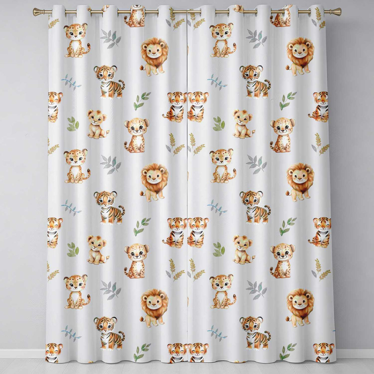 Baby Safari Animals Leopard Tiger Lion on Pastel Seamless Pattern  Readymade Eyelet Ring Top Thermal 100% Blackout Curtains