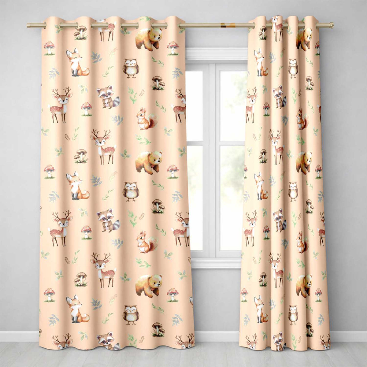 Forest Animals Deer Bear Fox Owl Raccoon on Warm Beige  Seamless Pattern  Readymade Eyelet Ring Top Thermal 100% Blackout Curtains