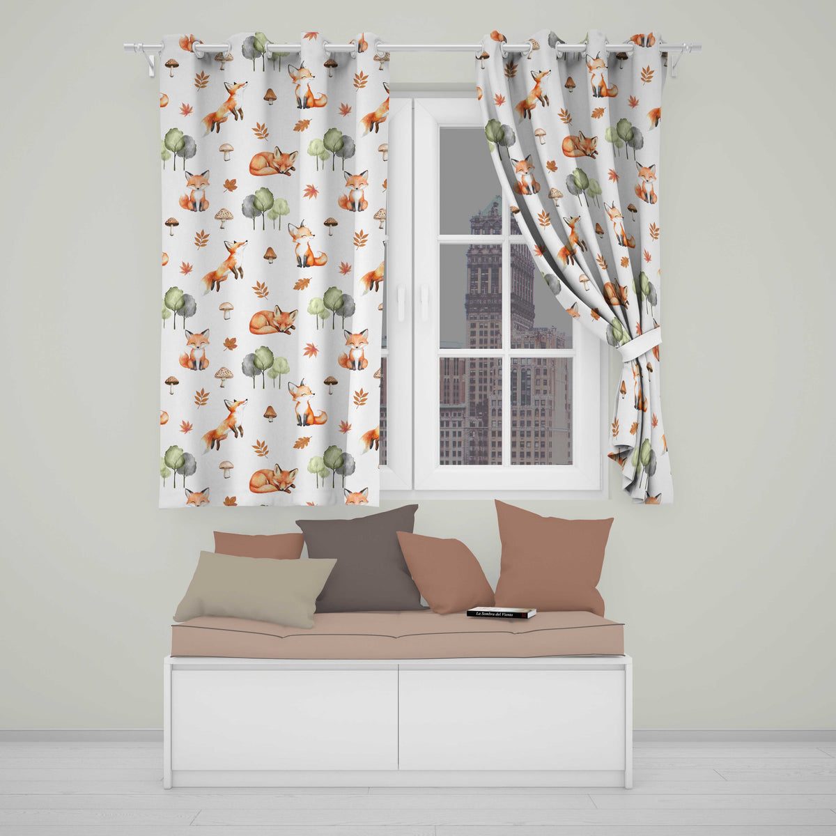 Woodland Fox with Trees Leaves Mushrooms White Seamless Pattern  Readymade Eyelet Ring Top Thermal 100% Blackout Curtains