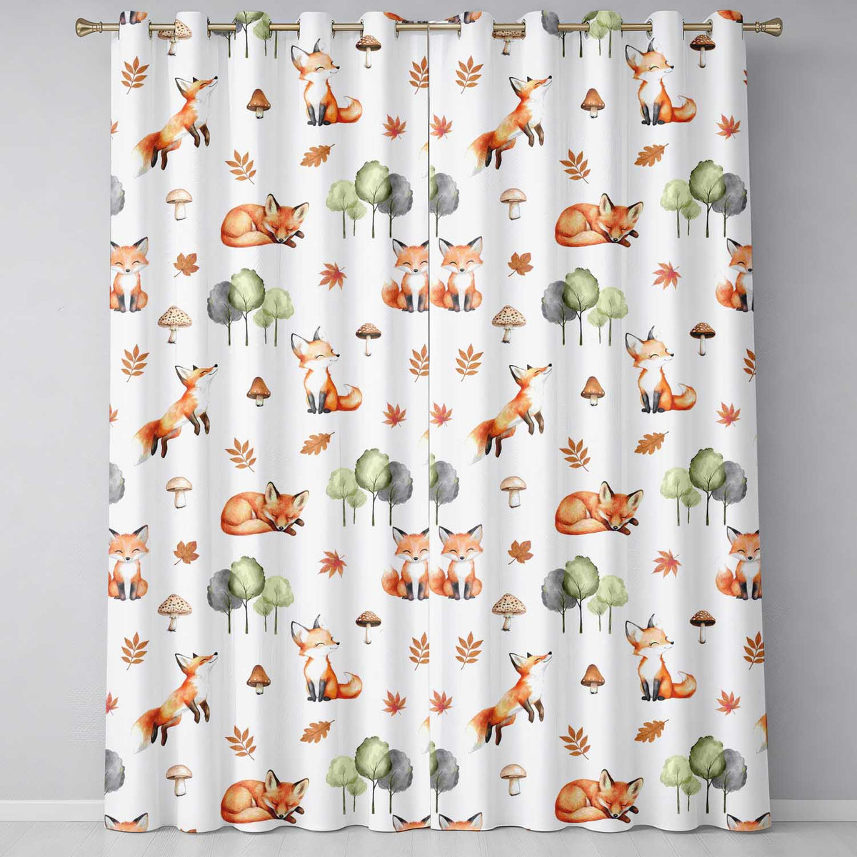 Woodland Fox with Trees Leaves Mushrooms White Seamless Pattern  Readymade Eyelet Ring Top Thermal 100% Blackout Curtains