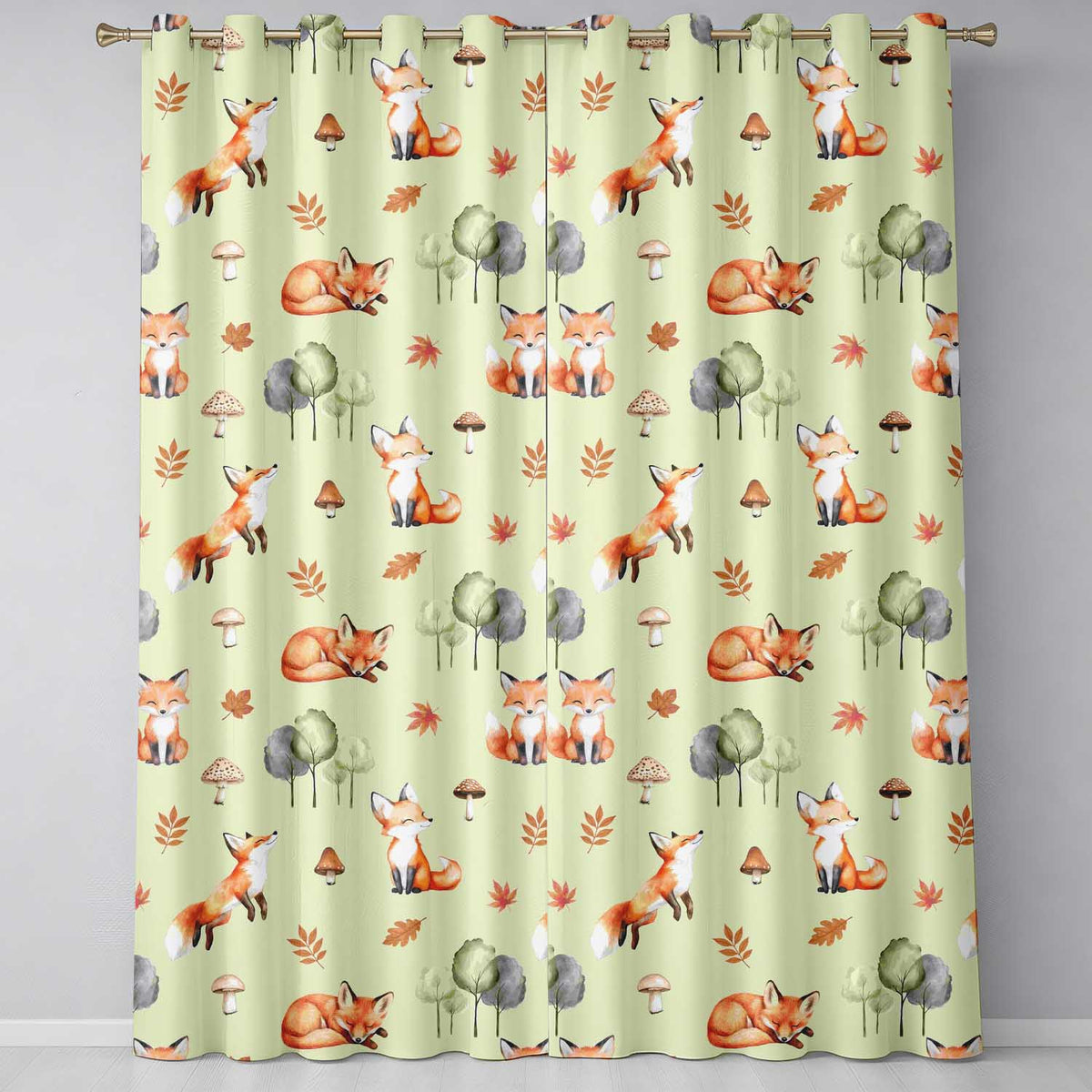 Woodland Fox with Trees Leaves Mushrooms Soft Sage  Seamless Pattern  Readymade Eyelet Ring Top Thermal 100% Blackout Curtains