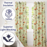 Woodland Fox with Trees Leaves Mushrooms Soft Sage  Seamless Pattern  Readymade Eyelet Ring Top Thermal 100% Blackout Curtains
