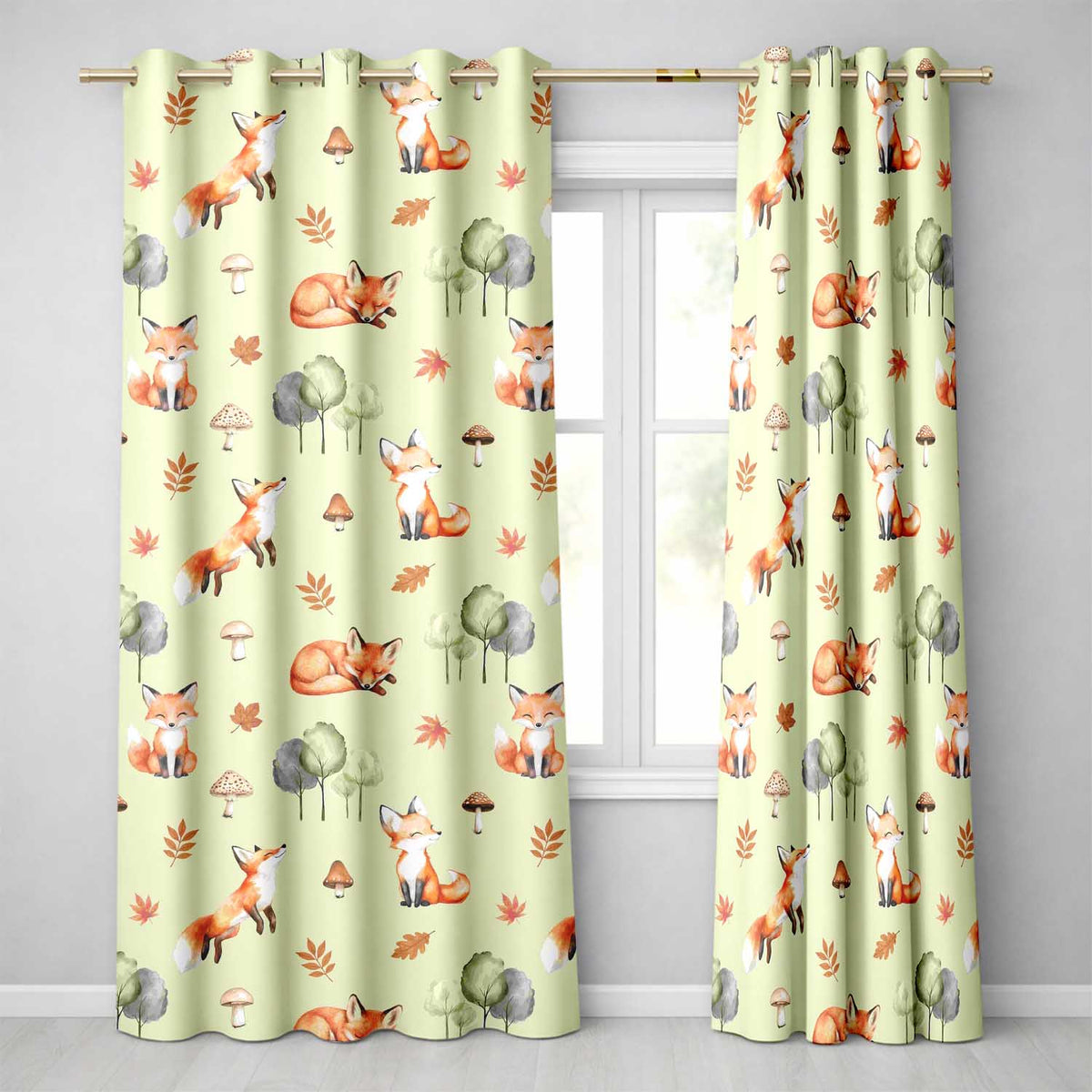 Woodland Fox with Trees Leaves Mushrooms Soft Sage  Seamless Pattern  Readymade Eyelet Ring Top Thermal 100% Blackout Curtains