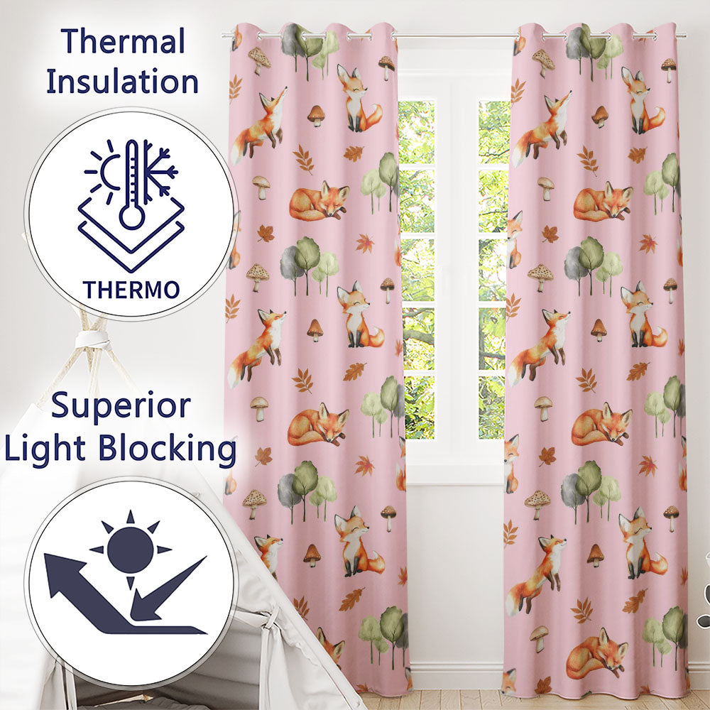 Woodland Fox with Trees Leaves Mushrooms Soft Pink  Seamless Pattern  Readymade Eyelet Ring Top Thermal 100% Blackout Curtains