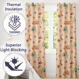 Woodland Fox with Trees Leaves Mushrooms Soft Beige  Seamless Pattern  Readymade Eyelet Ring Top Thermal 100% Blackout Curtains