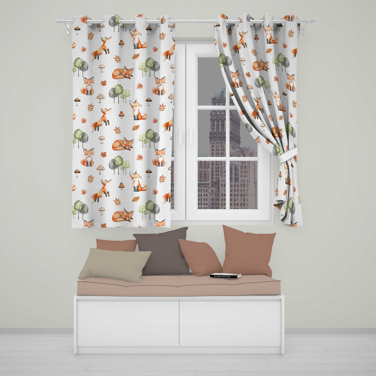 Woodland Fox with Trees Leaves Mushrooms Soft Grey  Seamless Pattern  Readymade Eyelet Ring Top Thermal 100% Blackout Curtains