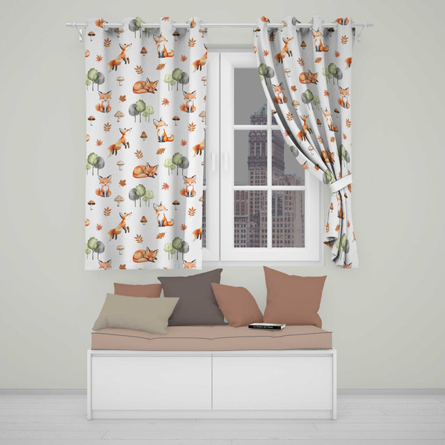 Woodland Fox with Trees Leaves Mushrooms Soft Grey  Seamless Pattern  Readymade Eyelet Ring Top Thermal 100% Blackout Curtains