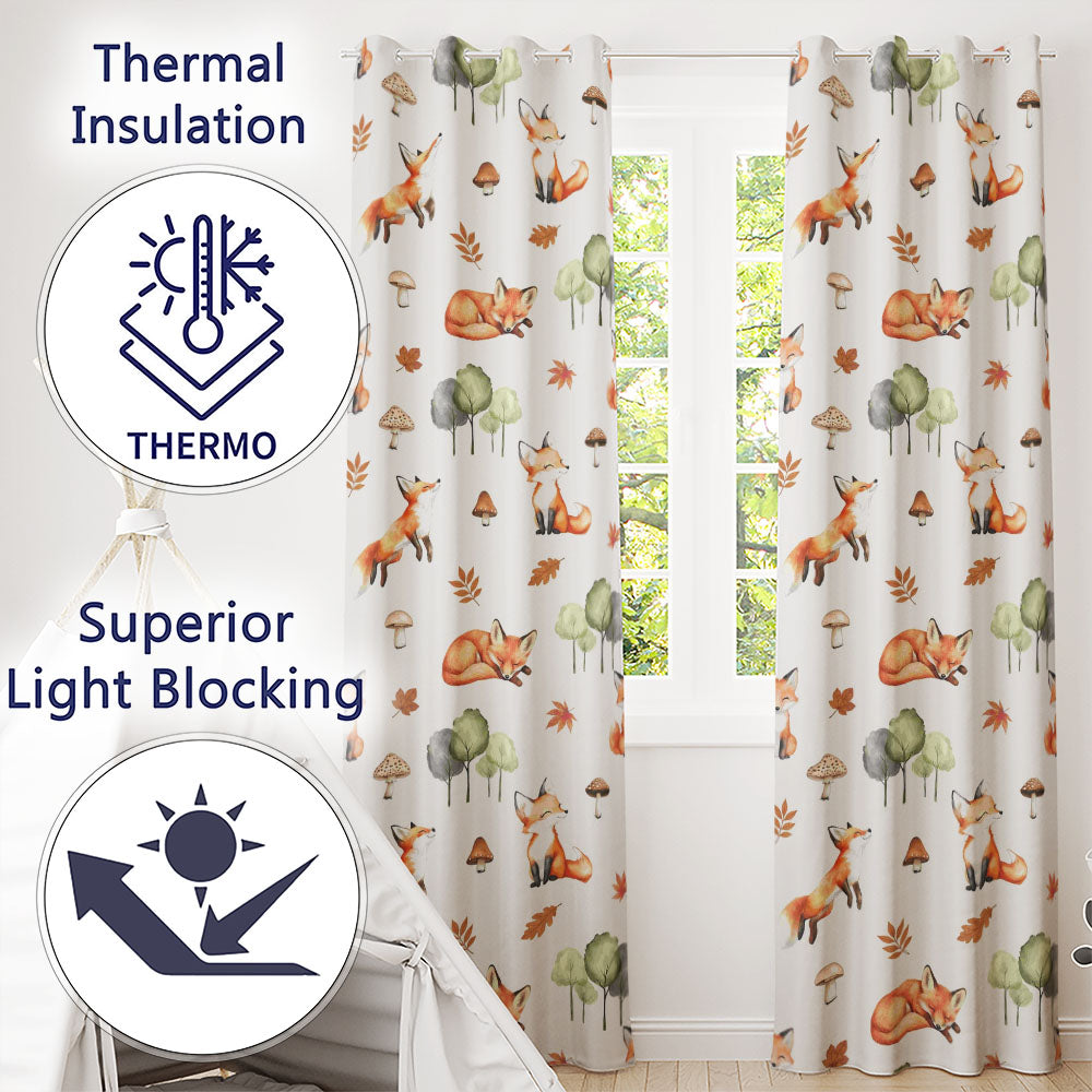 Woodland Fox with Trees Leaves Mushrooms Soft Grey  Seamless Pattern  Readymade Eyelet Ring Top Thermal 100% Blackout Curtains