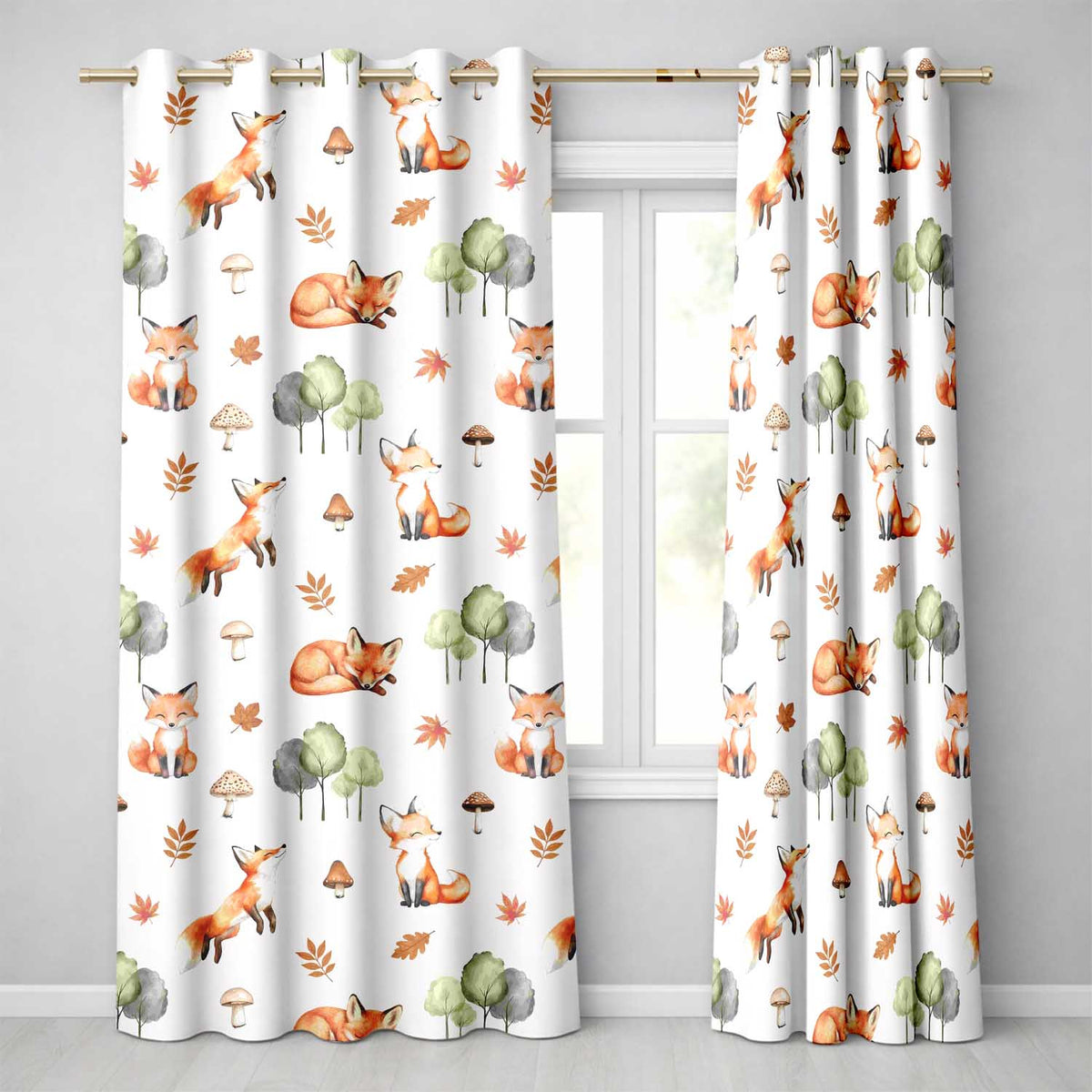 Woodland Fox with Trees Leaves Mushrooms Soft Grey  Seamless Pattern  Readymade Eyelet Ring Top Thermal 100% Blackout Curtains