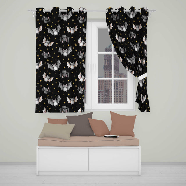 Cute Baby Bats with Stars Night Sky Black Background Seamless Pattern  Readymade Eyelet Ring Top Thermal 100% Blackout Curtains