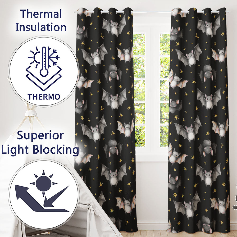 Cute Baby Bats with Stars Night Sky Black Background Seamless Pattern  Readymade Eyelet Ring Top Thermal 100% Blackout Curtains
