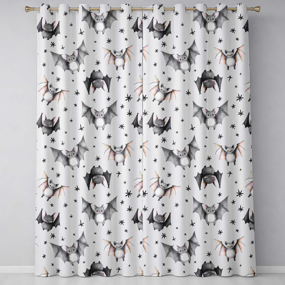 Cute Baby Bats Flying with Stars Soft Grey Background Seamless Pattern  Readymade Eyelet Ring Top Thermal 100% Blackout Curtains