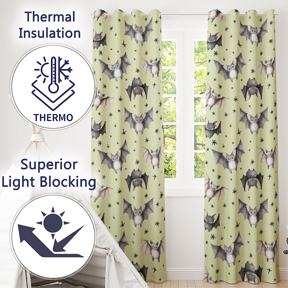 Cute Baby Bats Flying with Stars Soft Sage Green Background Seamless Pattern  Readymade Eyelet Ring Top Thermal 100% Blackout Curtains