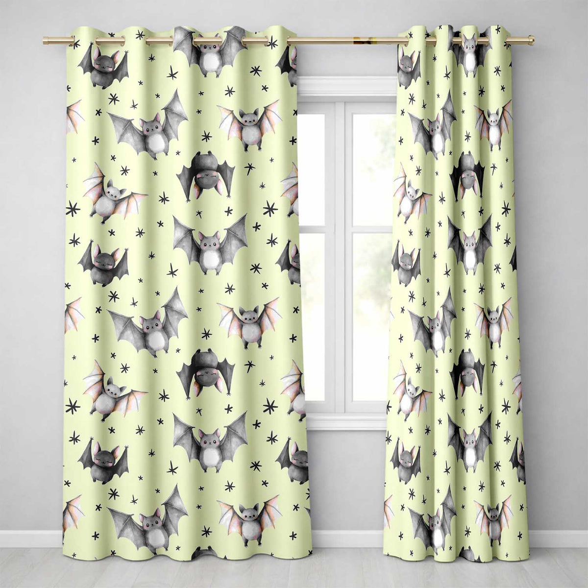 Cute Baby Bats Flying with Stars Soft Sage Green Background Seamless Pattern  Readymade Eyelet Ring Top Thermal 100% Blackout Curtains