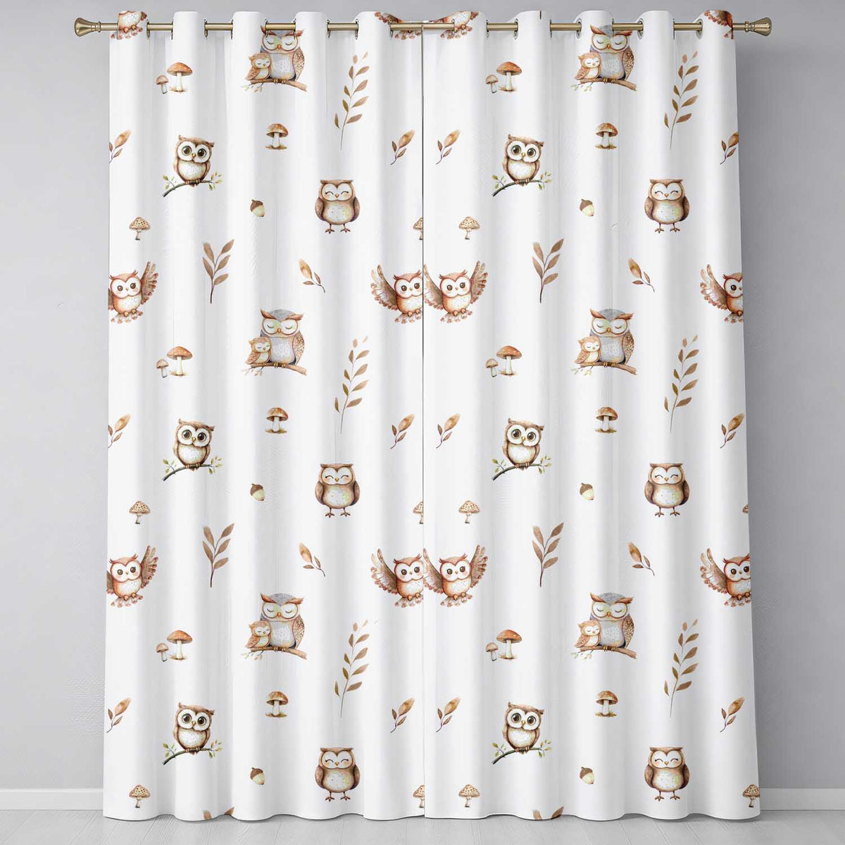 Cute Woodland Owls with Mushrooms Leaves Greish Background Seamless Pattern  Readymade Eyelet Ring Top Thermal 100% Blackout Curtains