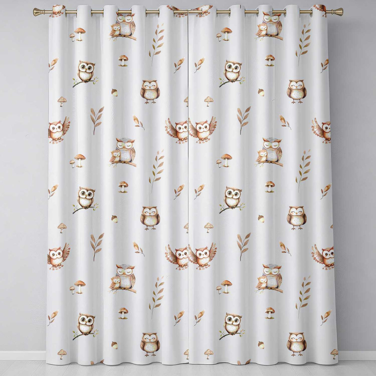 Cute Woodland Owls with Mushrooms Leaves Grey Background Seamless Pattern  Readymade Eyelet Ring Top Thermal 100% Blackout Curtains