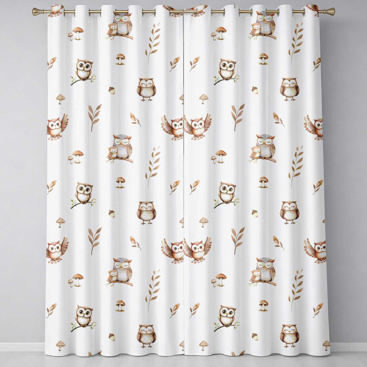 Cute Woodland Owls with Mushrooms Leaves Soft Cream Background Seamless Pattern  Readymade Eyelet Ring Top Thermal 100% Blackout Curtains