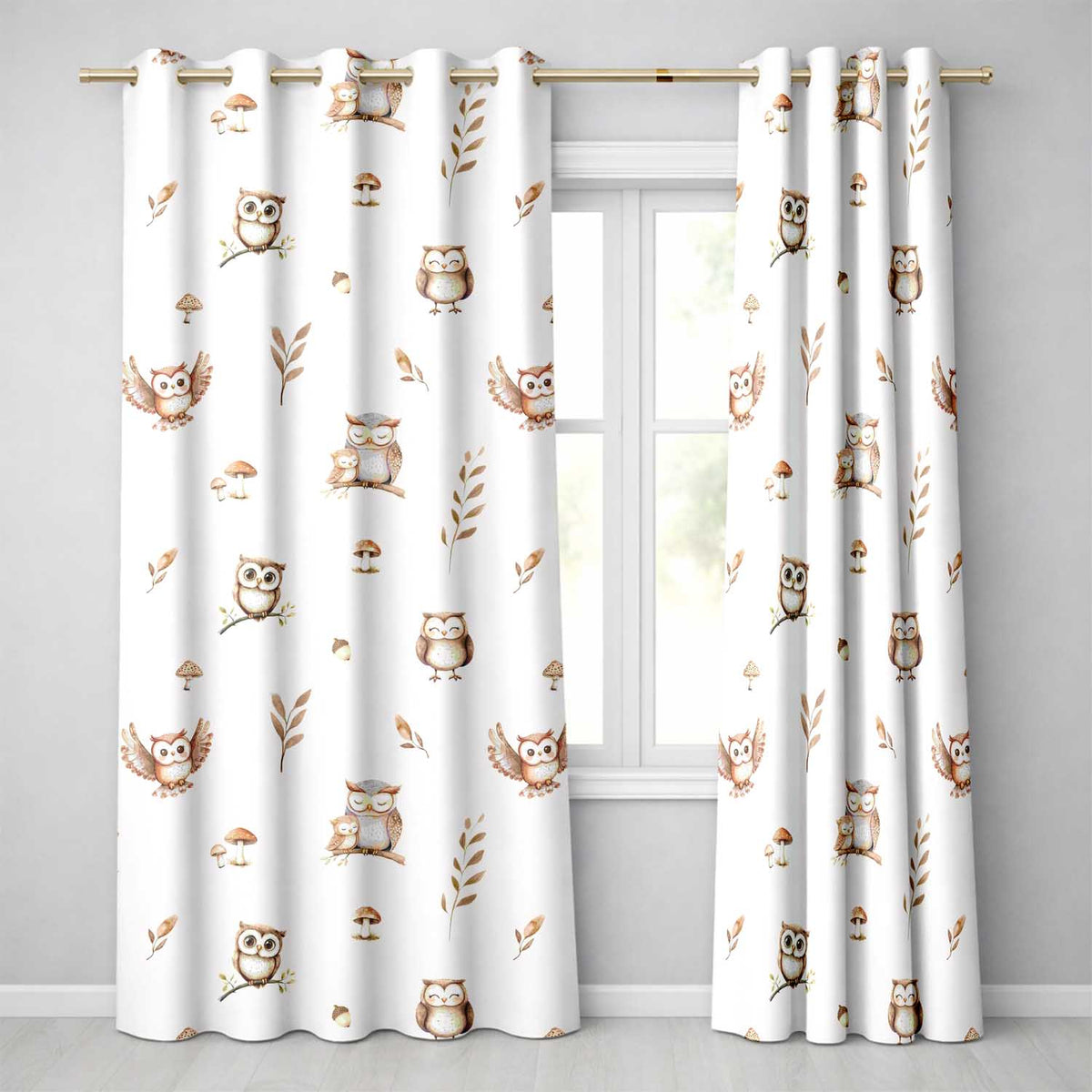 Cute Woodland Owls with Mushrooms Leaves Soft Cream Background Seamless Pattern  Readymade Eyelet Ring Top Thermal 100% Blackout Curtains