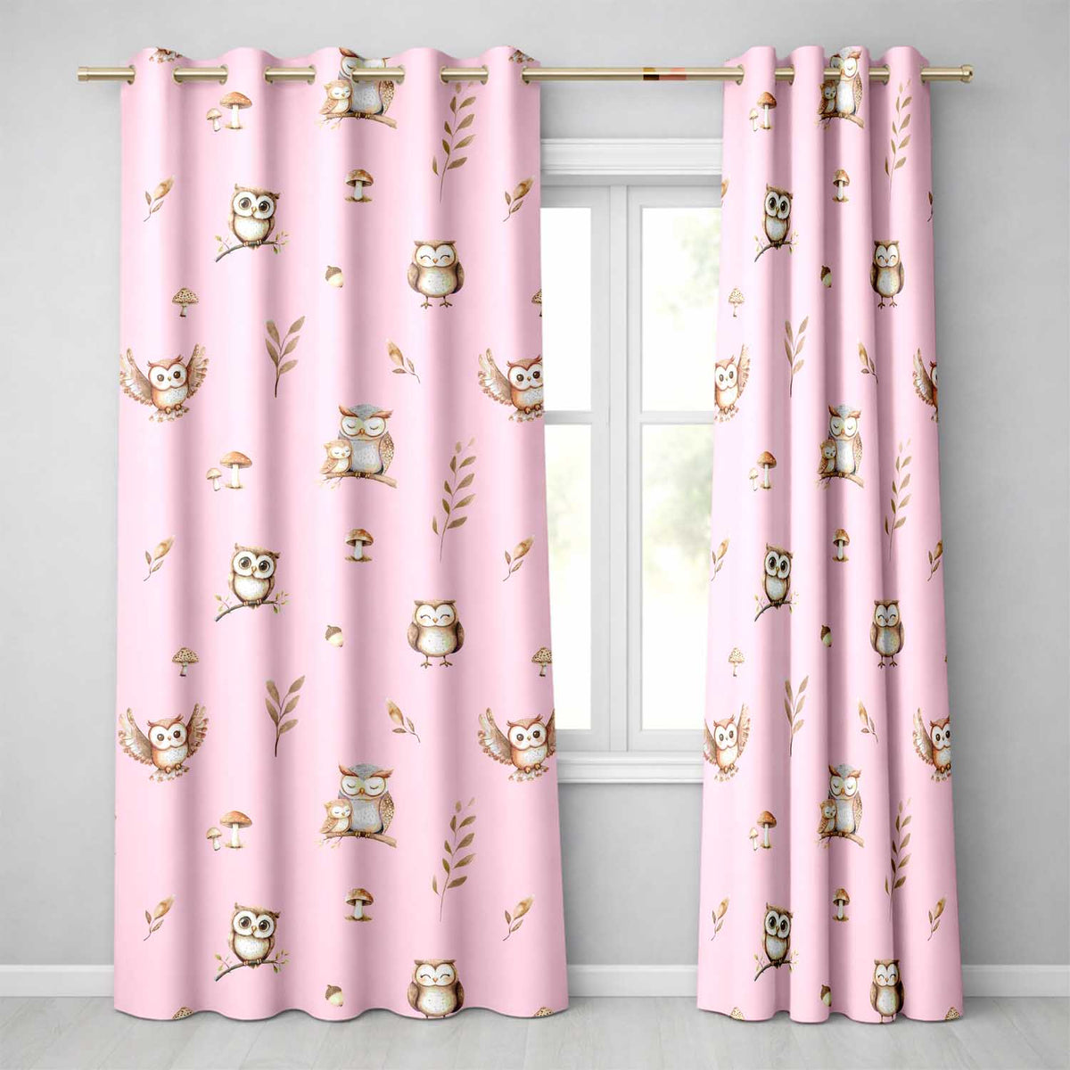 Cute Woodland Owls with Mushrooms Leaves Soft Pink Background Seamless Pattern  Readymade Eyelet Ring Top Thermal 100% Blackout Curtains
