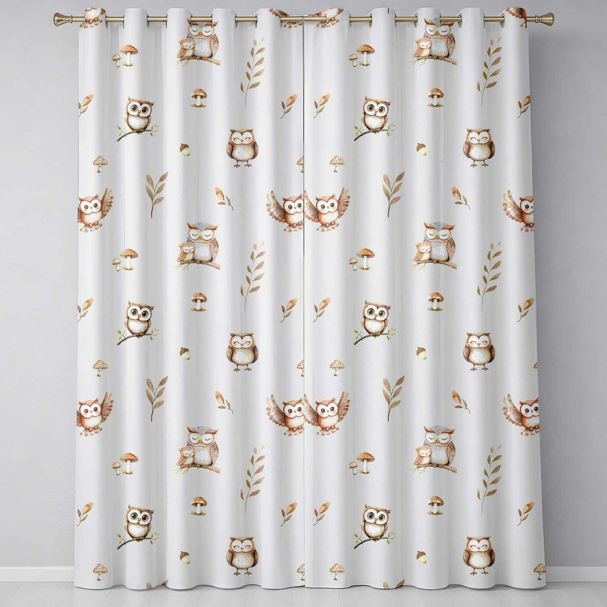 Woodland Owls with Mushrooms Leaves Dark Grey  Seamless Pattern  Readymade Eyelet Ring Top Thermal 100% Blackout Curtains