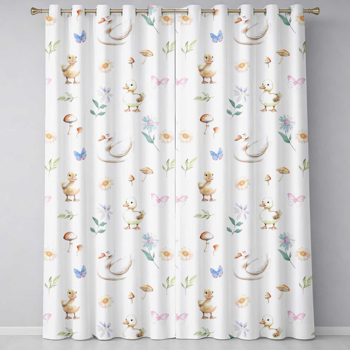 Swan and Ducklings with Flowers Mushrooms Soft White Seamless Pattern  Readymade Eyelet Ring Top Thermal 100% Blackout Curtains