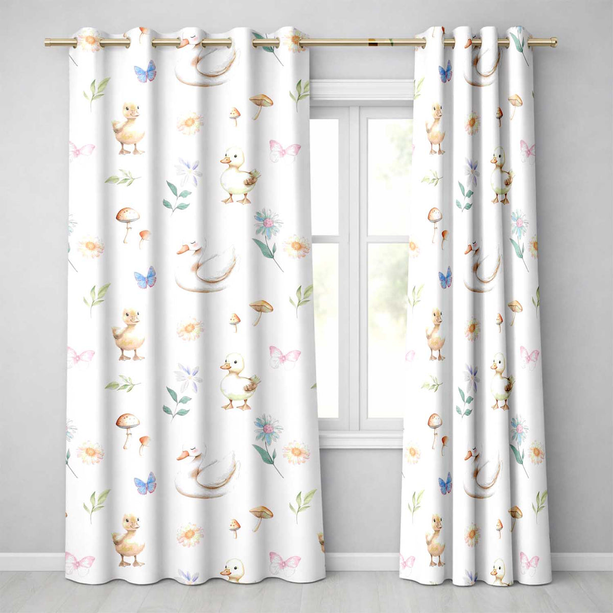 Swan and Ducklings with Flowers Mushrooms Soft White Seamless Pattern  Readymade Eyelet Ring Top Thermal 100% Blackout Curtains