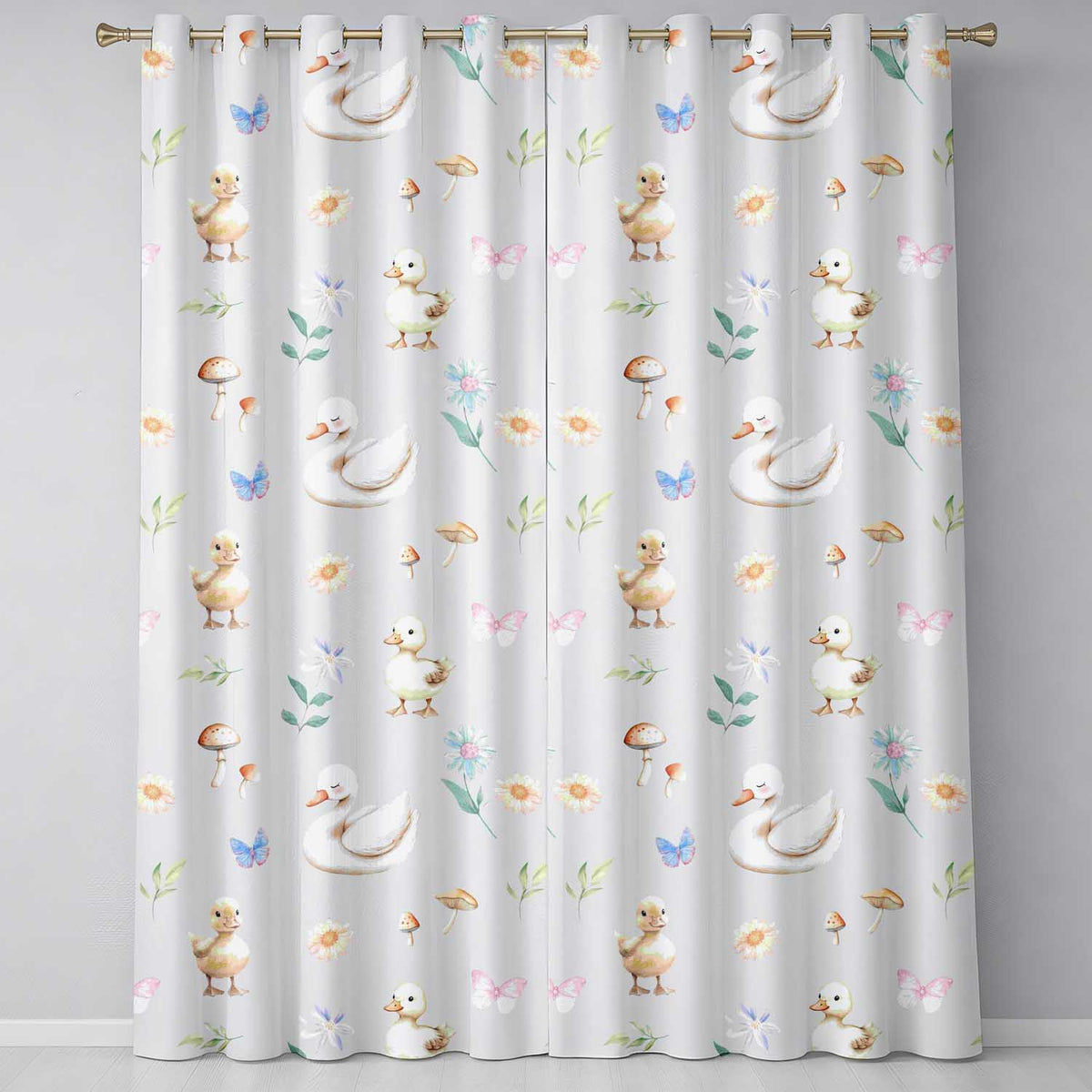 Swan and Ducklings with Flowers Mushrooms Grey  Seamless Pattern  Readymade Eyelet Ring Top Thermal 100% Blackout Curtains