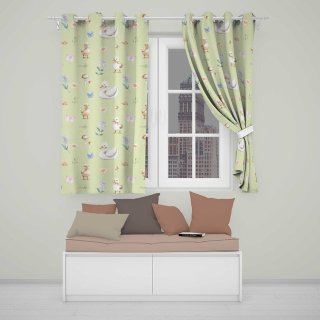Swan and Ducklings with Flowers Mushrooms Soft Olive  Seamless Pattern  Readymade Eyelet Ring Top Thermal 100% Blackout Curtains