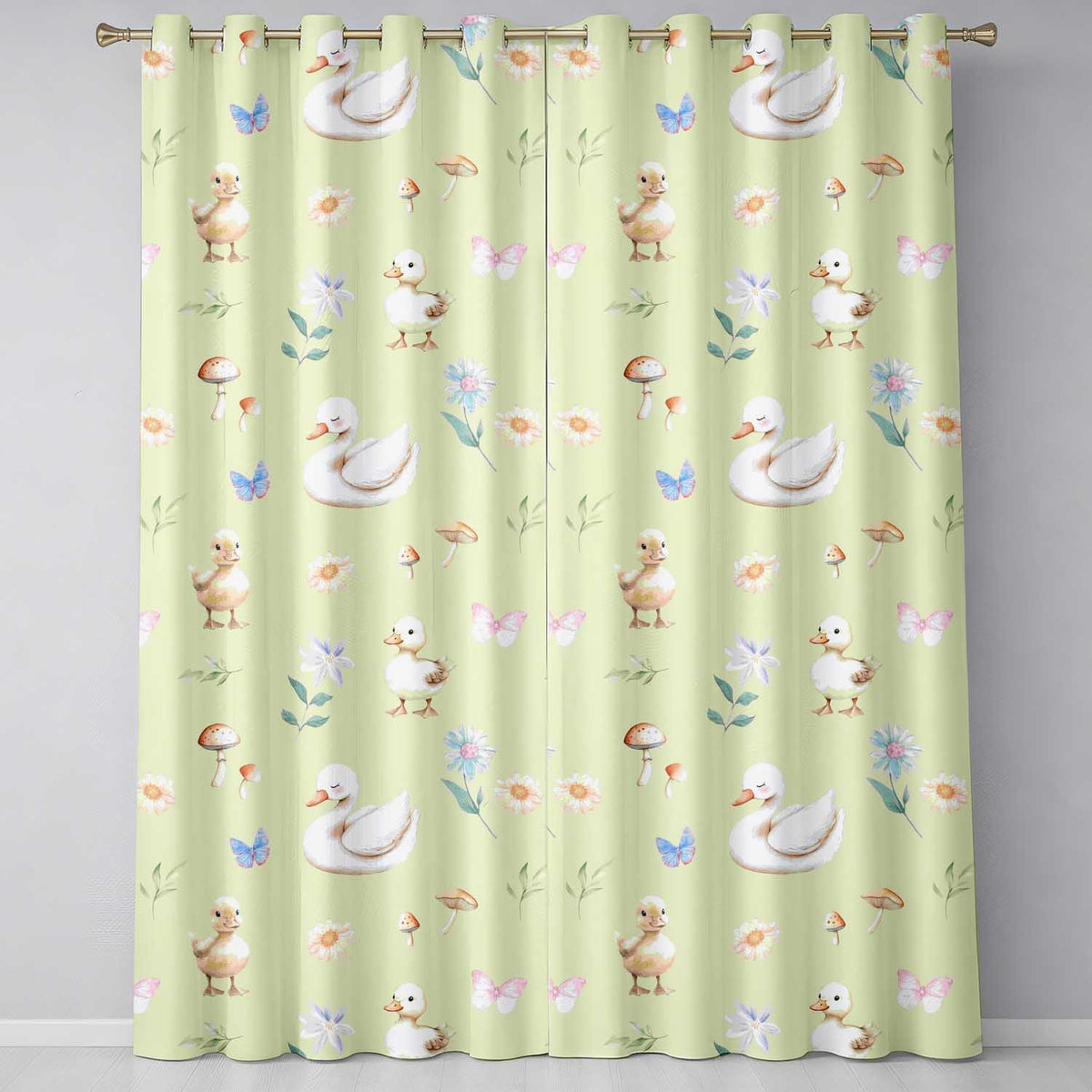 Swan and Ducklings with Flowers Mushrooms Soft Olive  Seamless Pattern  Readymade Eyelet Ring Top Thermal 100% Blackout Curtains