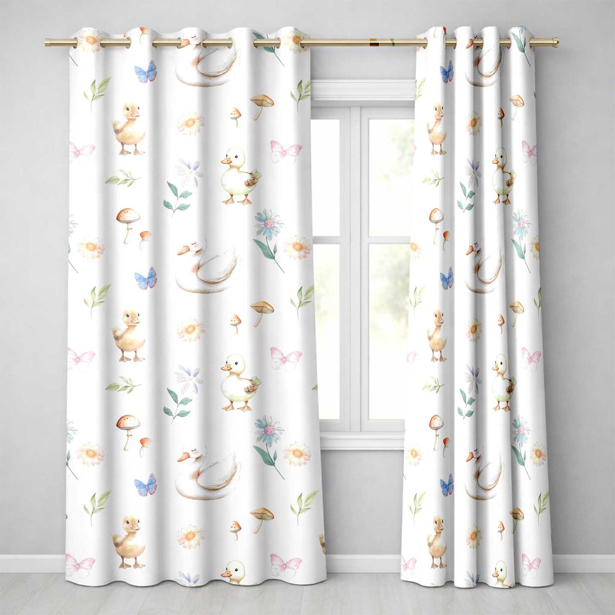 Swan and Ducklings with Flowers Mushrooms Soft Grey  Seamless Pattern  Readymade Eyelet Ring Top Thermal 100% Blackout Curtains