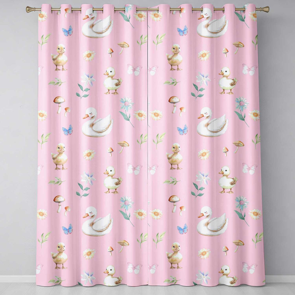 Swan and Ducklings with Flowers Mushrooms Soft Pink  Seamless Pattern  Readymade Eyelet Ring Top Thermal 100% Blackout Curtains