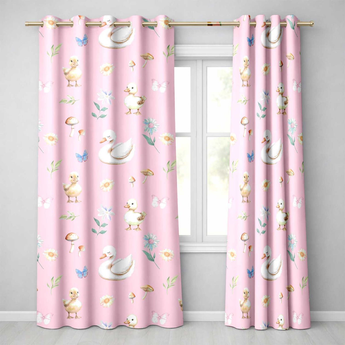 Swan and Ducklings with Flowers Mushrooms Soft Pink  Seamless Pattern  Readymade Eyelet Ring Top Thermal 100% Blackout Curtains