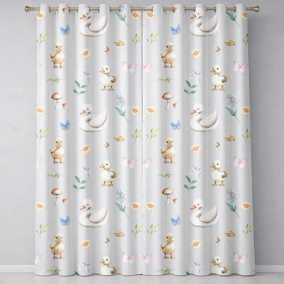 Swan and Ducklings with Flowers Mushrooms Soft Lilac  Seamless Pattern  Readymade Eyelet Ring Top Thermal 100% Blackout Curtains