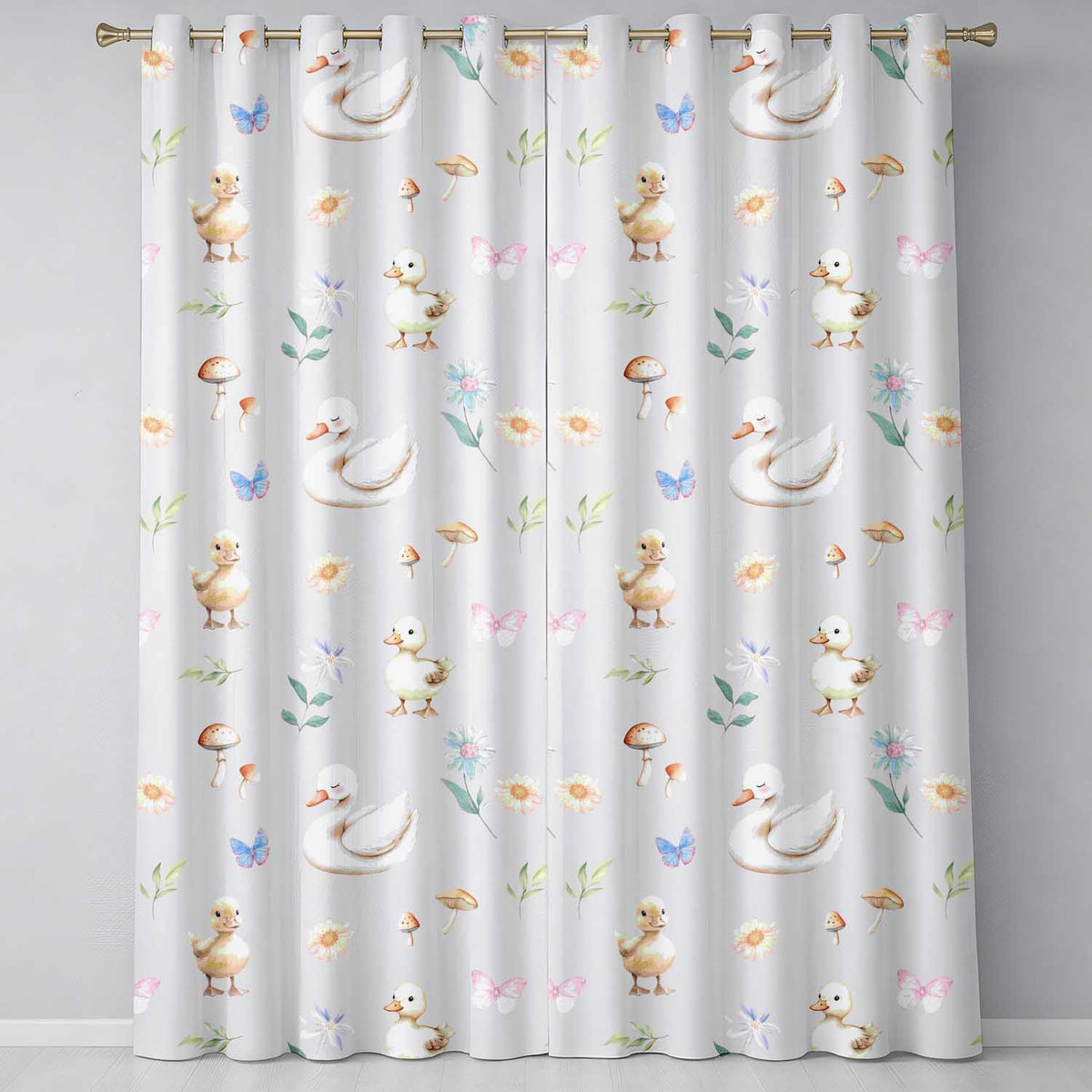 Swan and Ducklings with Flowers Mushrooms Lilac  Seamless Pattern  Readymade Eyelet Ring Top Thermal 100% Blackout Curtains