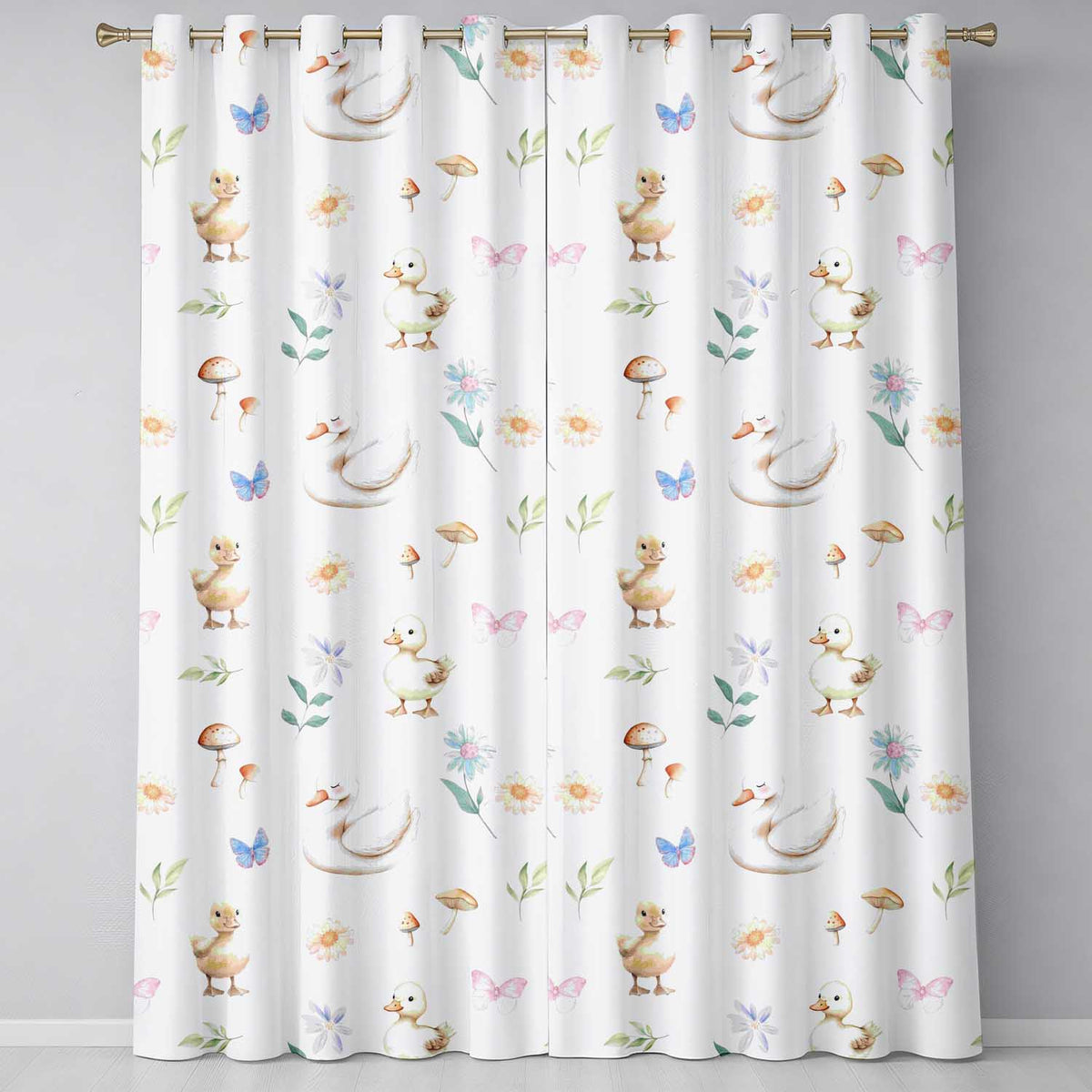 Swan and Ducklings with Flowers Mushrooms Soft White  Seamless Pattern  Readymade Eyelet Ring Top Thermal 100% Blackout Curtains