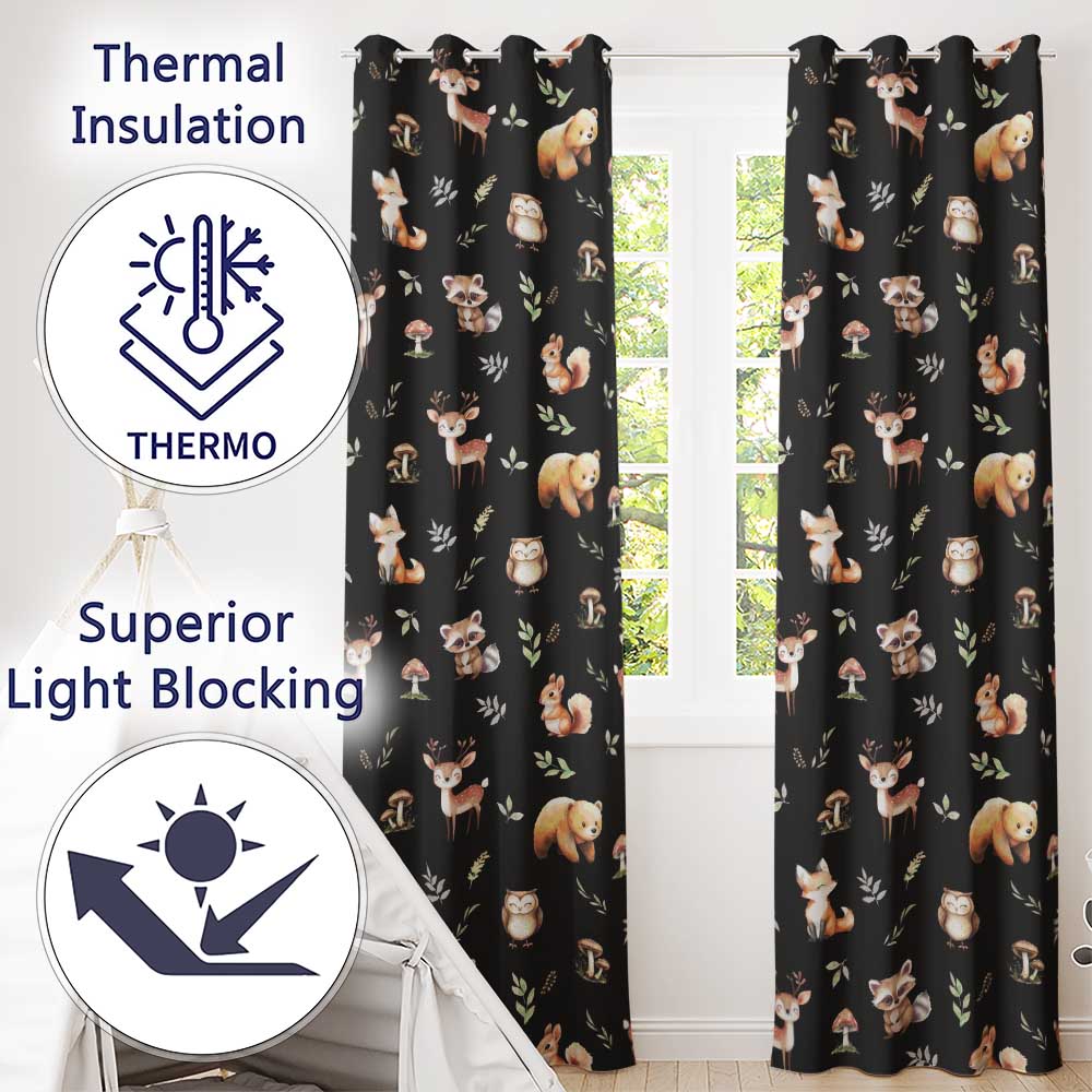 Woodland Deer Bear Fox Owl Raccoon Leaves Mushrooms Black  Seamless Pattern  Readymade Eyelet Ring Top Thermal 100% Blackout Curtains