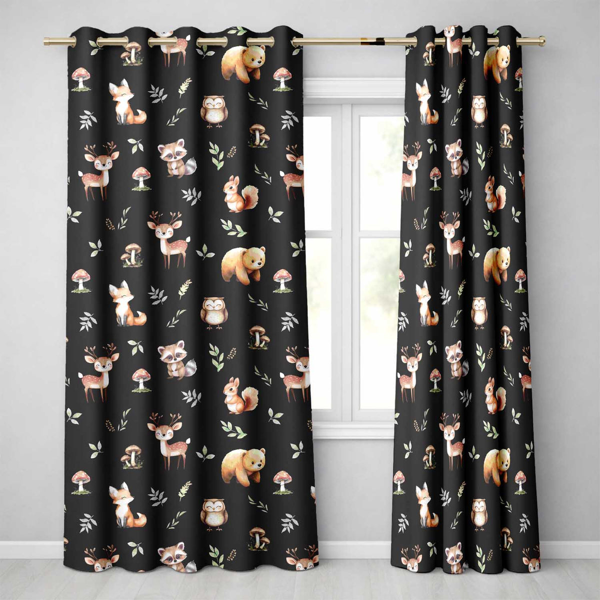 Woodland Deer Bear Fox Owl Raccoon Leaves Mushrooms Black  Seamless Pattern  Readymade Eyelet Ring Top Thermal 100% Blackout Curtains