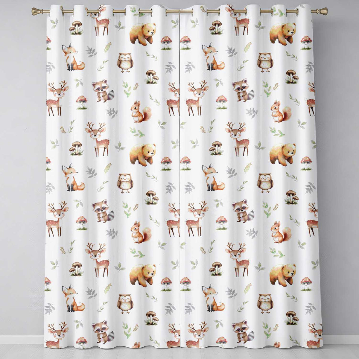 Woodland Deer Bear Fox Owl Raccoon Leaves Mushrooms Light Grey Seamless Pattern  Readymade Eyelet Ring Top Thermal 100% Blackout Curtains