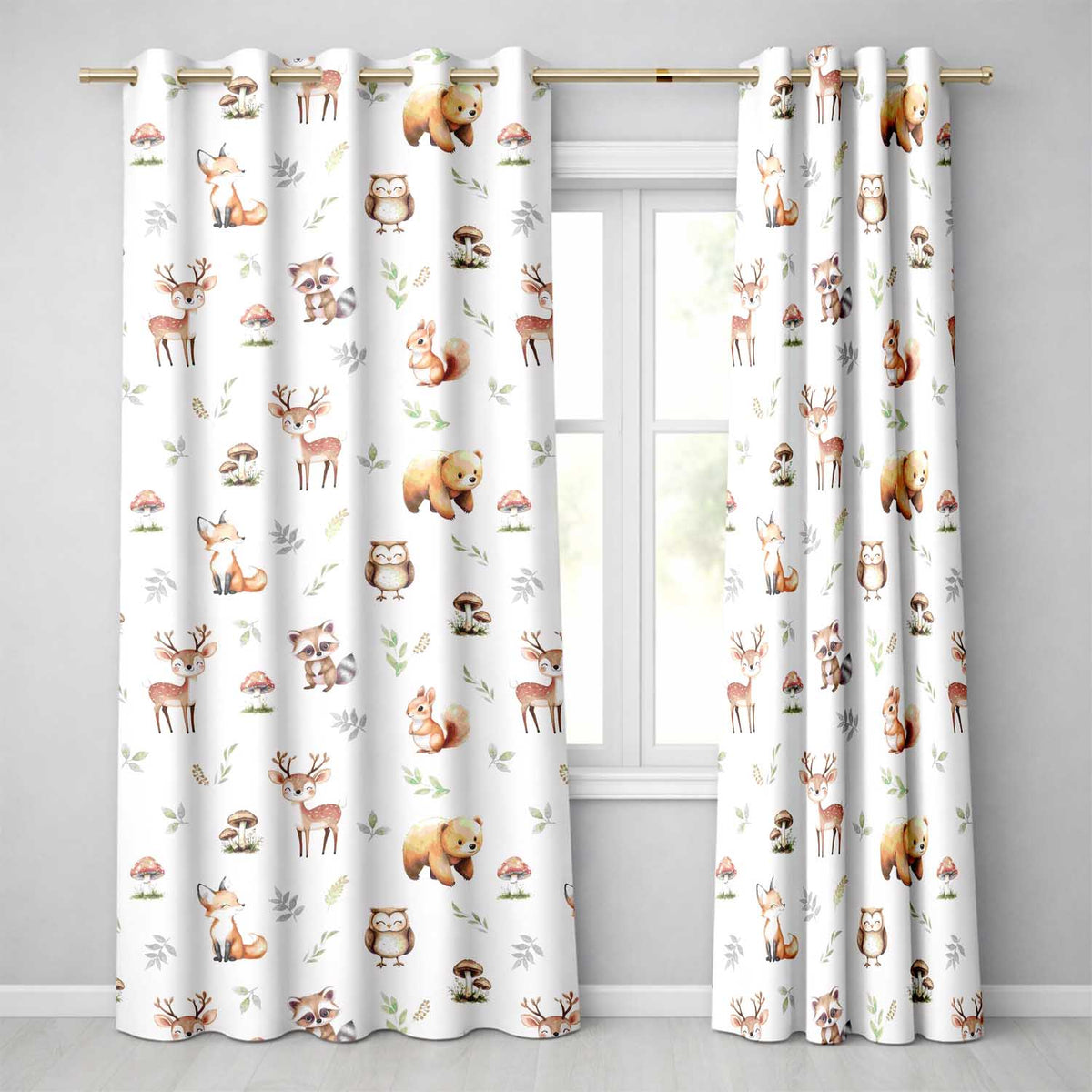 Woodland Deer Bear Fox Owl Raccoon Leaves Mushrooms Light Grey Seamless Pattern  Readymade Eyelet Ring Top Thermal 100% Blackout Curtains