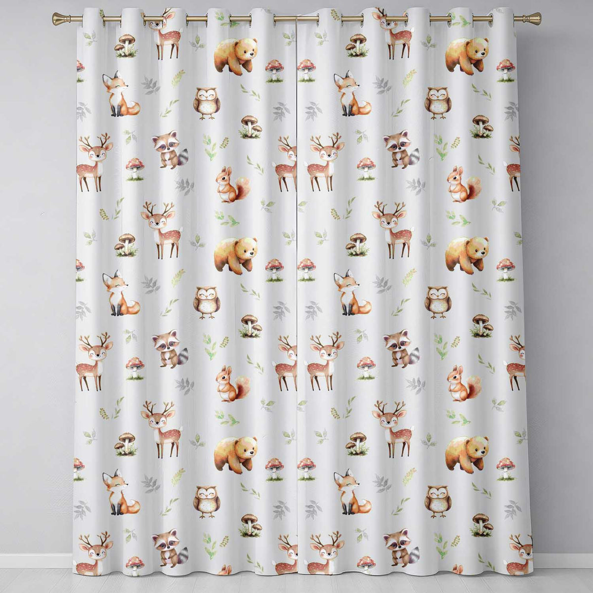 Woodland Deer Bear Fox Owl Raccoon Leaves Mushrooms Dark Cream Seamless Pattern  Readymade Eyelet Ring Top Thermal 100% Blackout Curtains