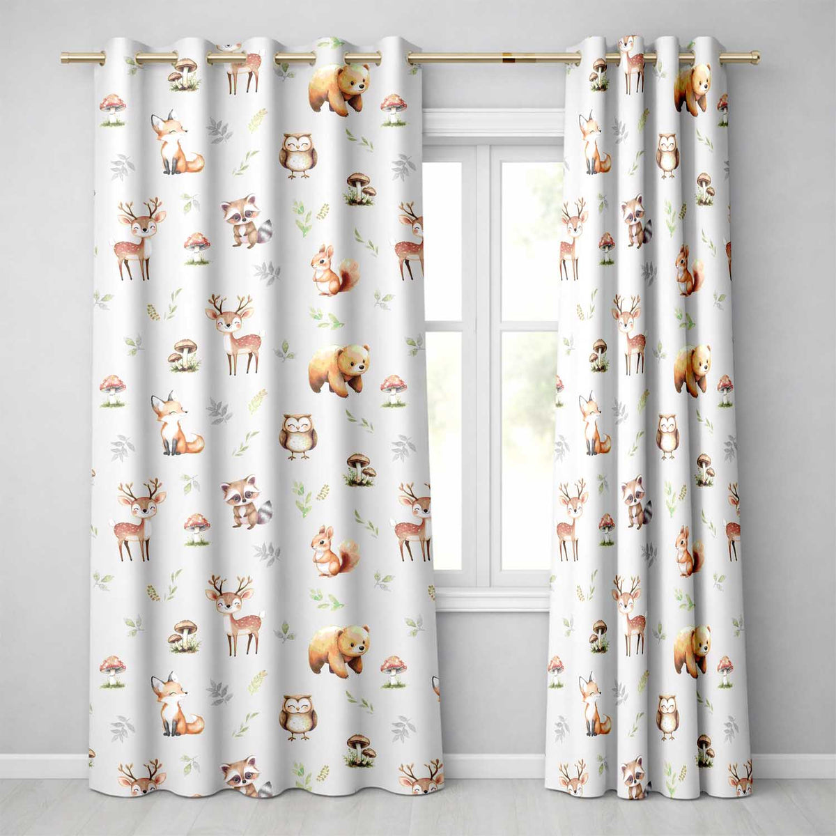 Woodland Deer Bear Fox Owl Raccoon Leaves Mushrooms Dark Cream Seamless Pattern  Readymade Eyelet Ring Top Thermal 100% Blackout Curtains