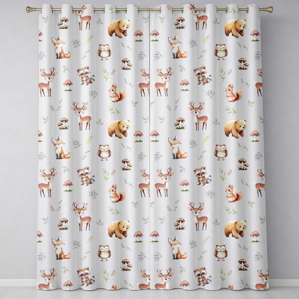 Woodland Deer Bear Fox Owl Raccoon Leaves Mushrooms Lilac  Seamless Pattern  Readymade Eyelet Ring Top Thermal 100% Blackout Curtains