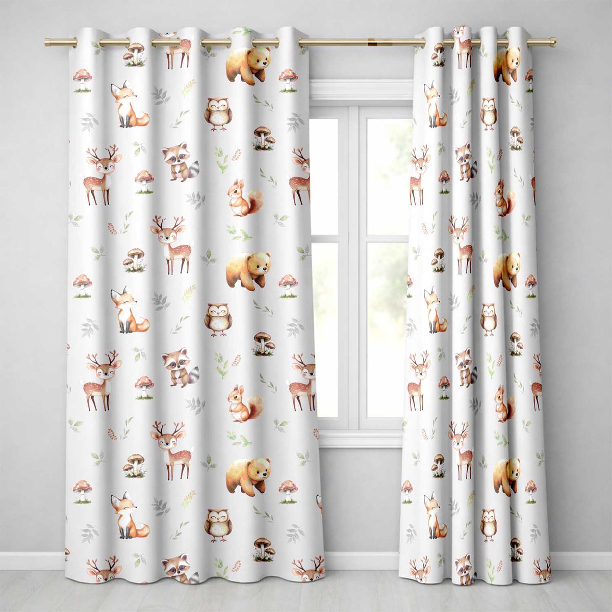 Woodland Deer Bear Fox Owl Raccoon Leaves Mushrooms Lilac  Seamless Pattern  Readymade Eyelet Ring Top Thermal 100% Blackout Curtains