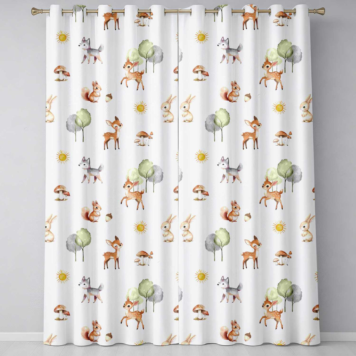 Woodland Deer Fox Trees Mushrooms Sun Animals White  Seamless Pattern  Readymade Eyelet Ring Top Thermal 100% Blackout Curtains