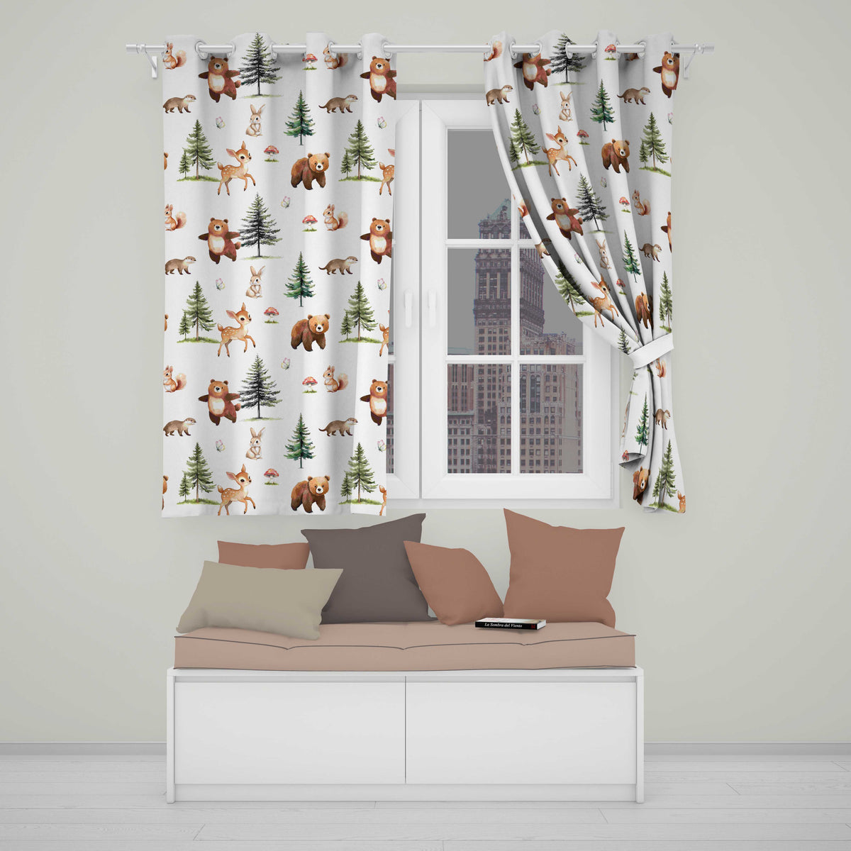 Woodland Animals Bear Deer Bunny Trees Mushrooms Butterfly Seamless Pattern  Readymade Eyelet Ring Top Thermal 100% Blackout Curtains