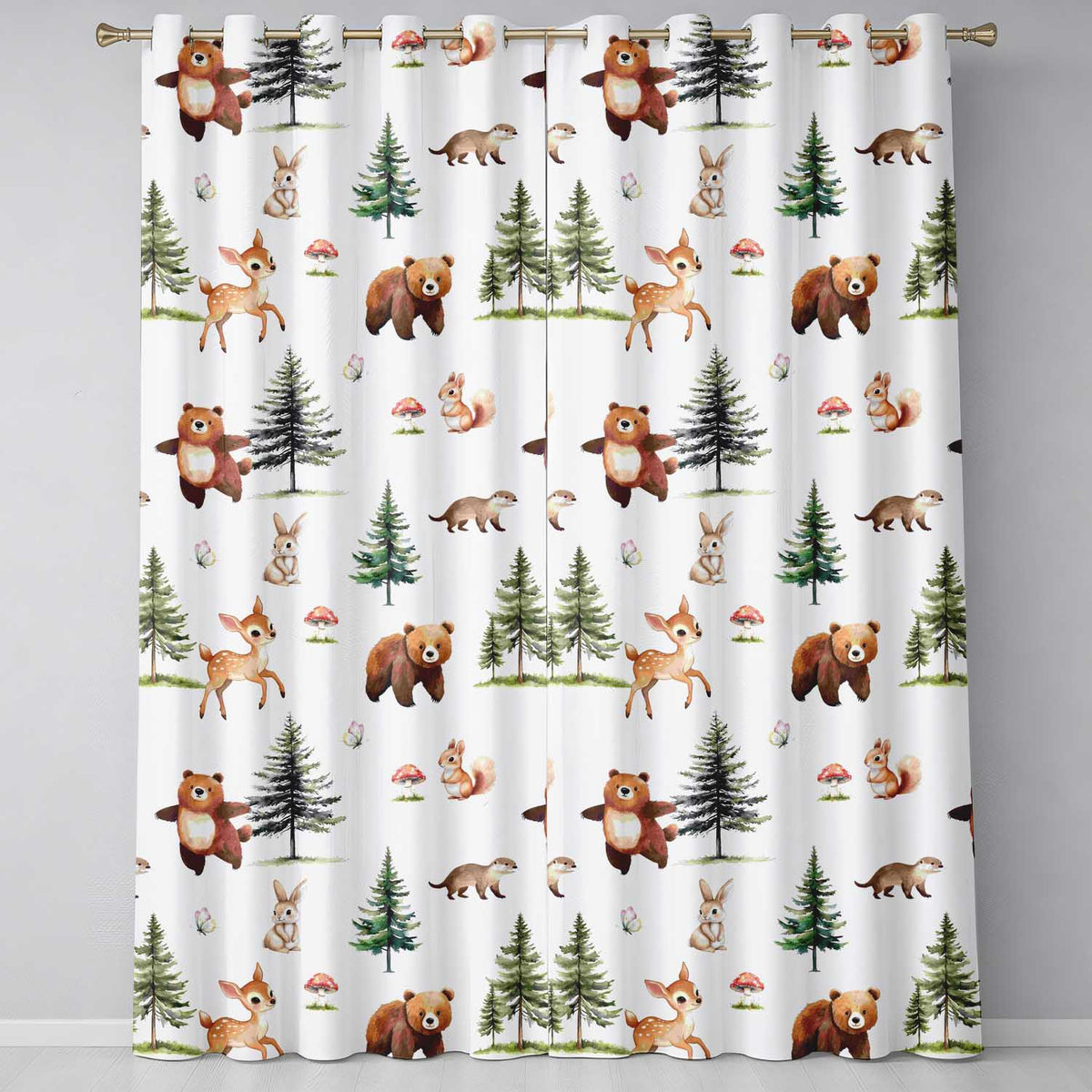 Woodland Animals Bear Deer Bunny Trees Mushrooms Butterfly Seamless Pattern  Readymade Eyelet Ring Top Thermal 100% Blackout Curtains