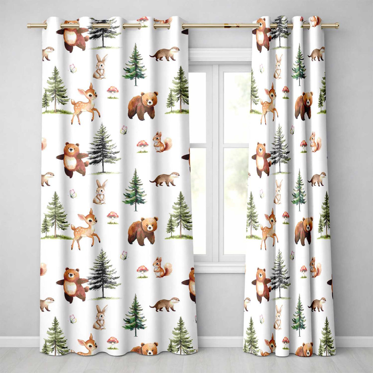 Woodland Animals Bear Deer Bunny Trees Mushrooms Butterfly Seamless Pattern  Readymade Eyelet Ring Top Thermal 100% Blackout Curtains