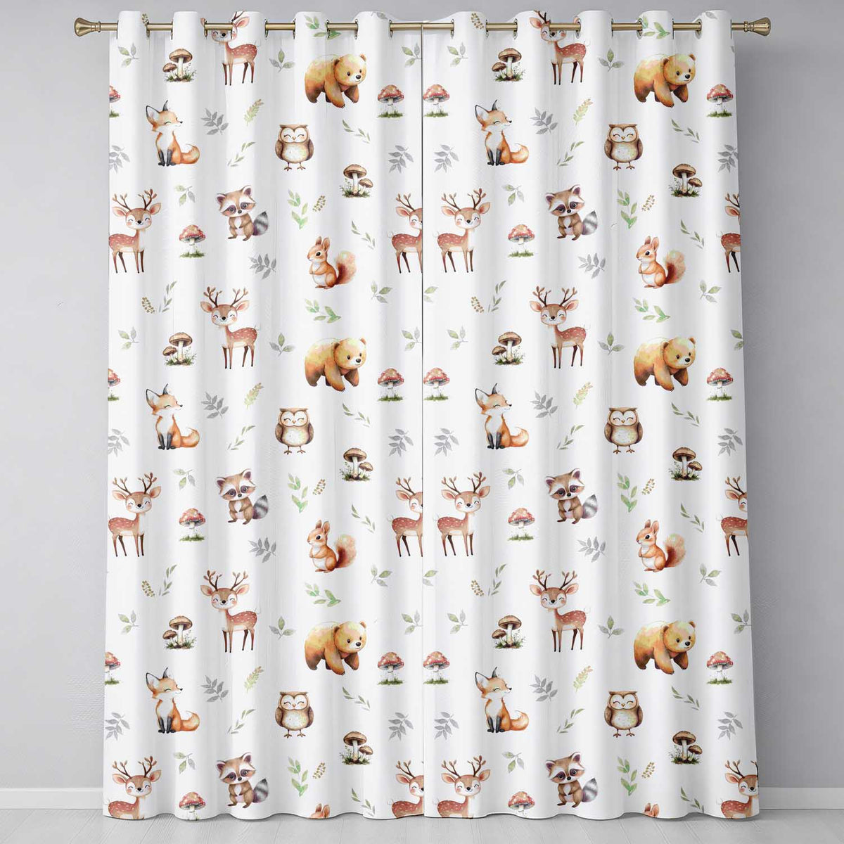 Cute Woodland Deer Bear Fox Owl Raccoon Leaves Mushrooms Seamless Pattern  Readymade Eyelet Ring Top Thermal 100% Blackout Curtains